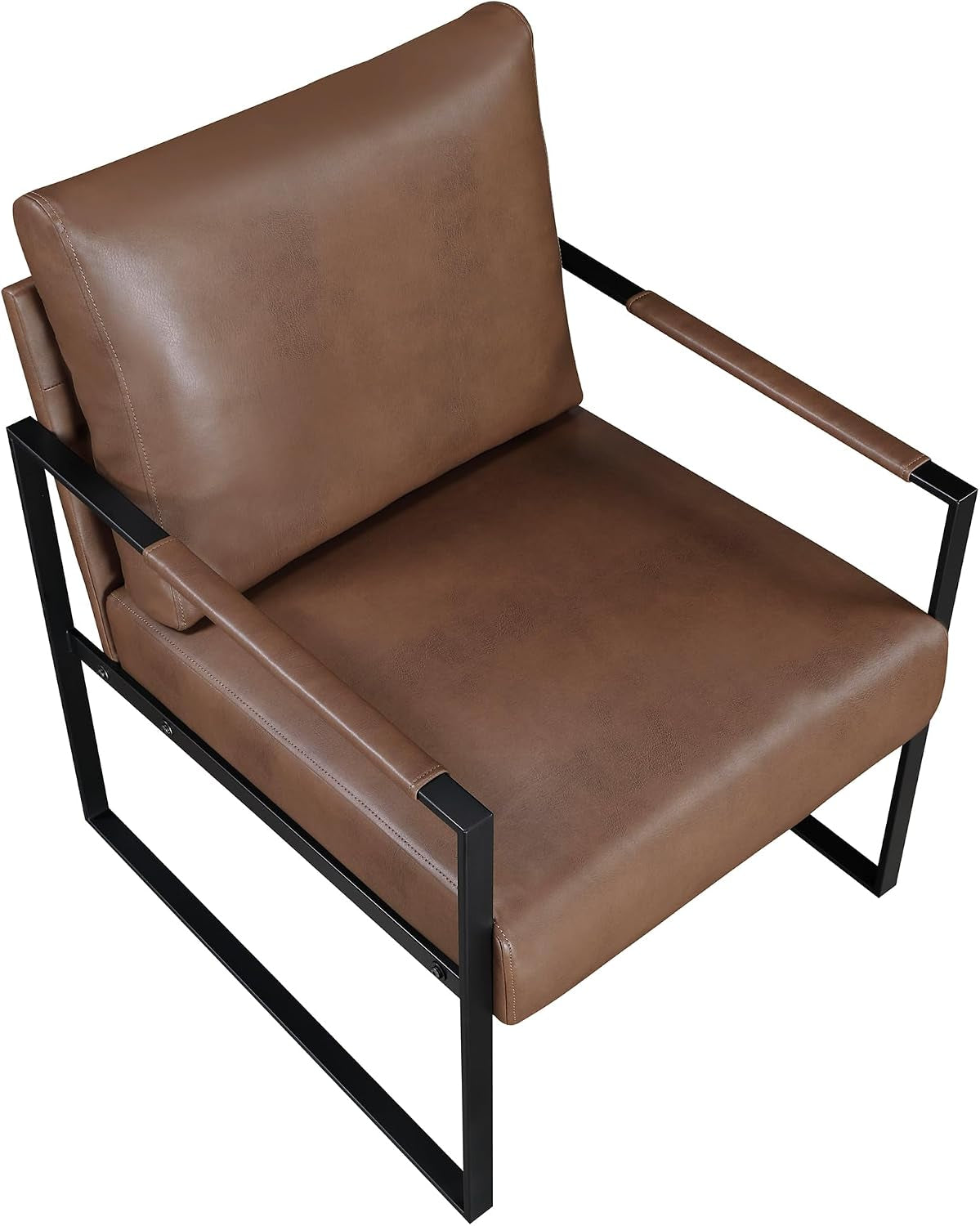 Angled top view of the brown faux-leather armchair showing seat, back cushion, and slender black metal arm frame.