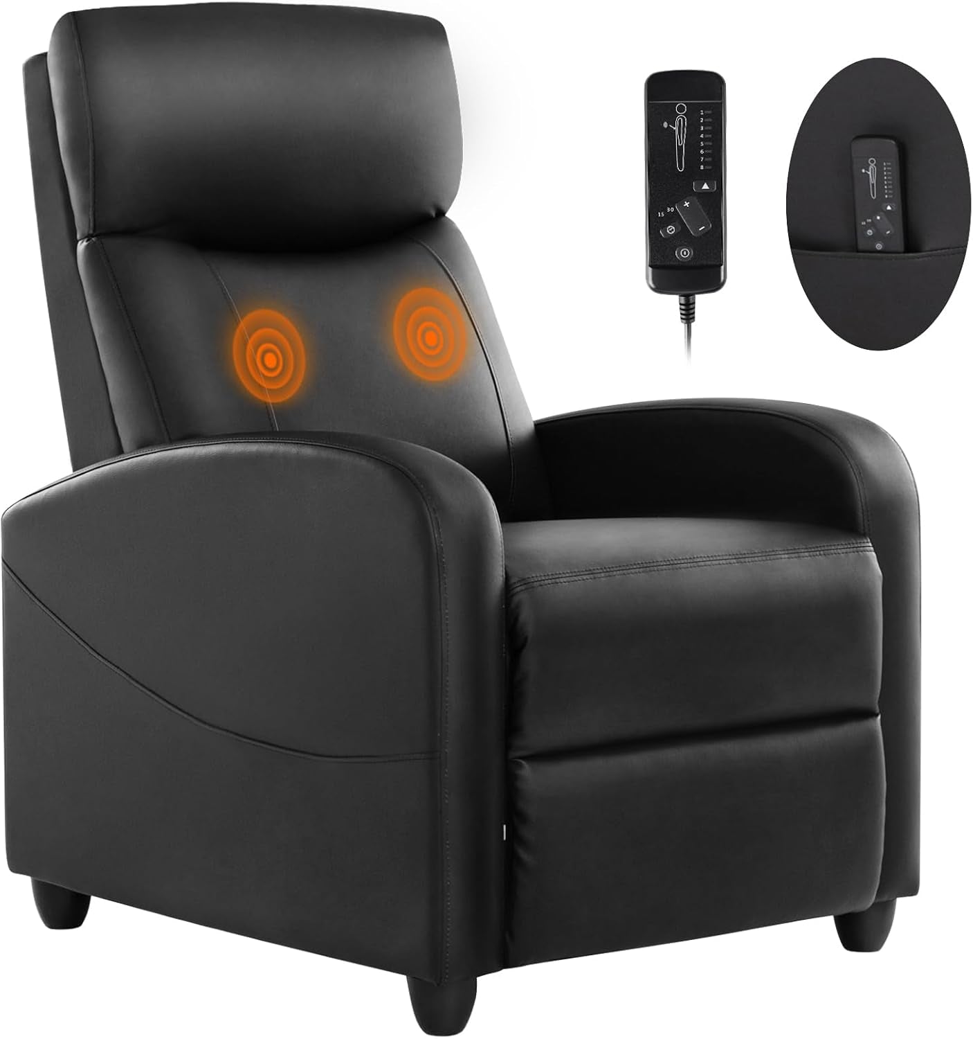 Black recliner seen from a slight right-front angle showing curved arms, stitched seat panels and remote control shown in