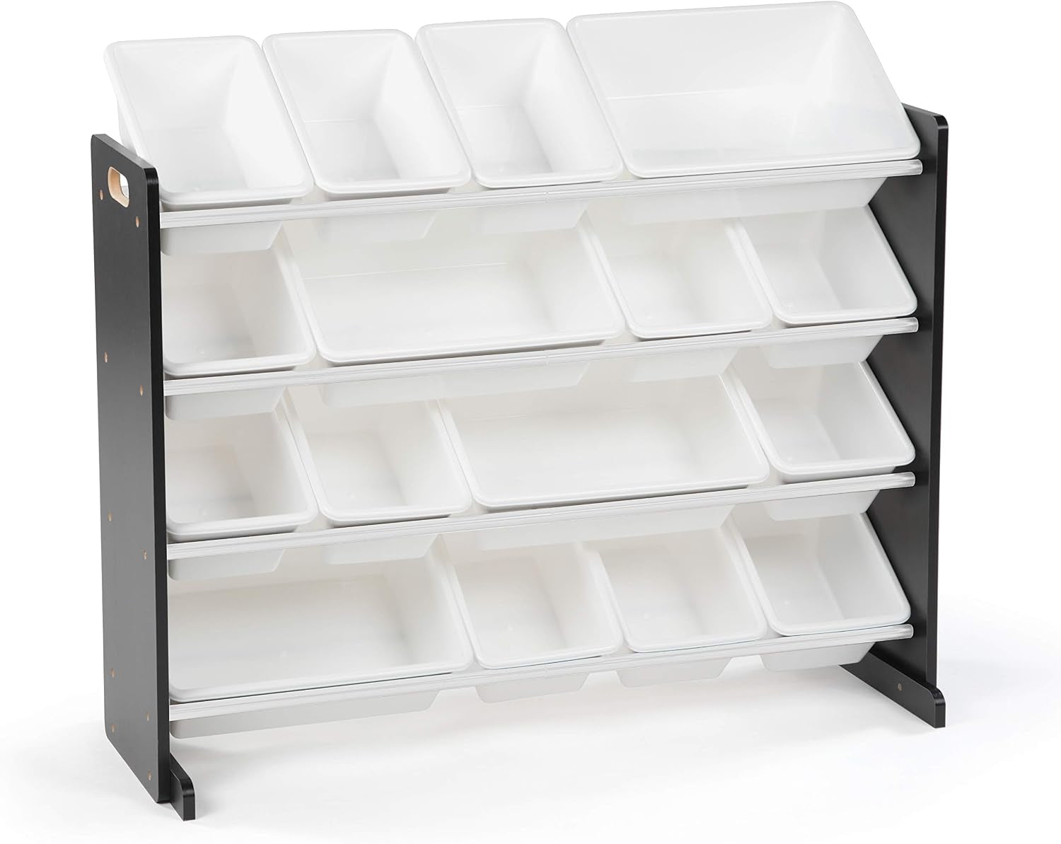 Four-tier organizer shown with 16 white bins and dark side panels on a white background.
