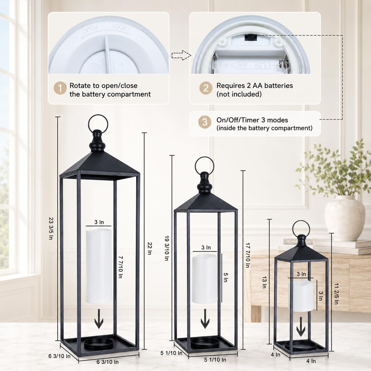 Diagram showing the battery compartment, On/Off/Timer callouts and measured dimensions for the three lantern sizes