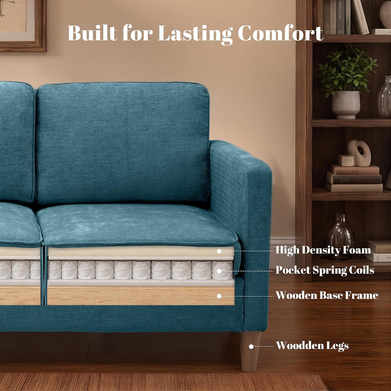 Cutaway detail of sofa seat showing high-density foam, pocket spring coils and wooden base frame with legs