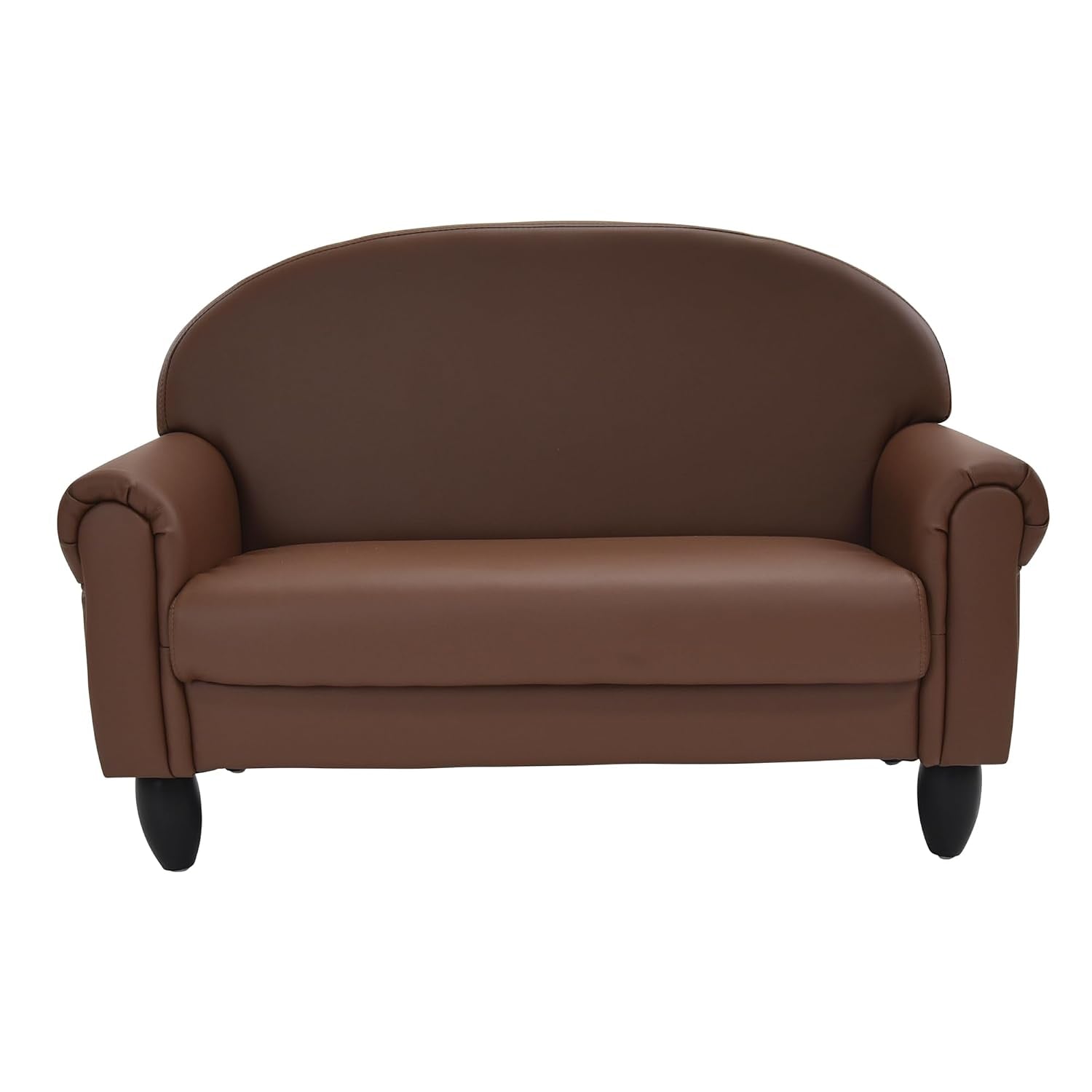 Front-facing brown two-seat kids sofa on a white background