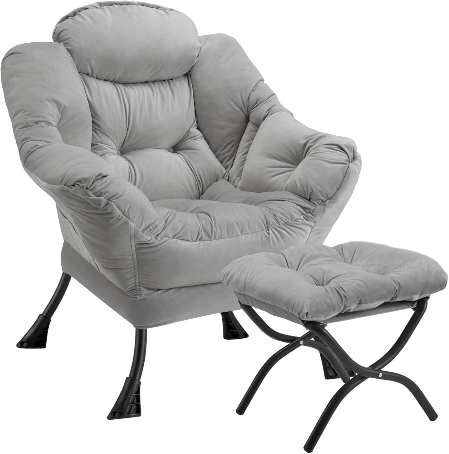 Plush light gray folding lounge chair with matching tufted ottoman on black metal legs.