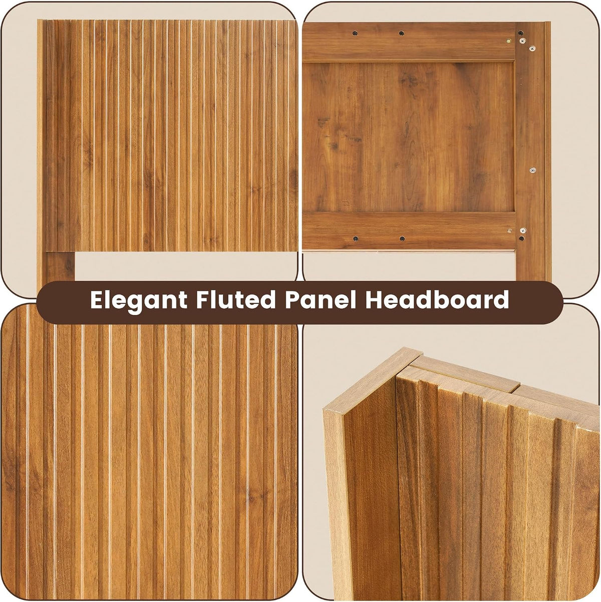 Close-up collage of the fluted panel surface, interior back frame, and an edge detail of the headboard.