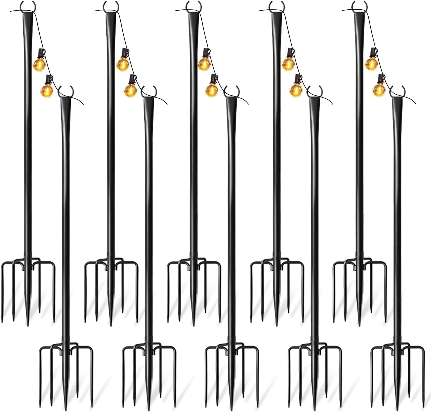 Six assembled black poles with ground-prong bases shown in a row against white background
