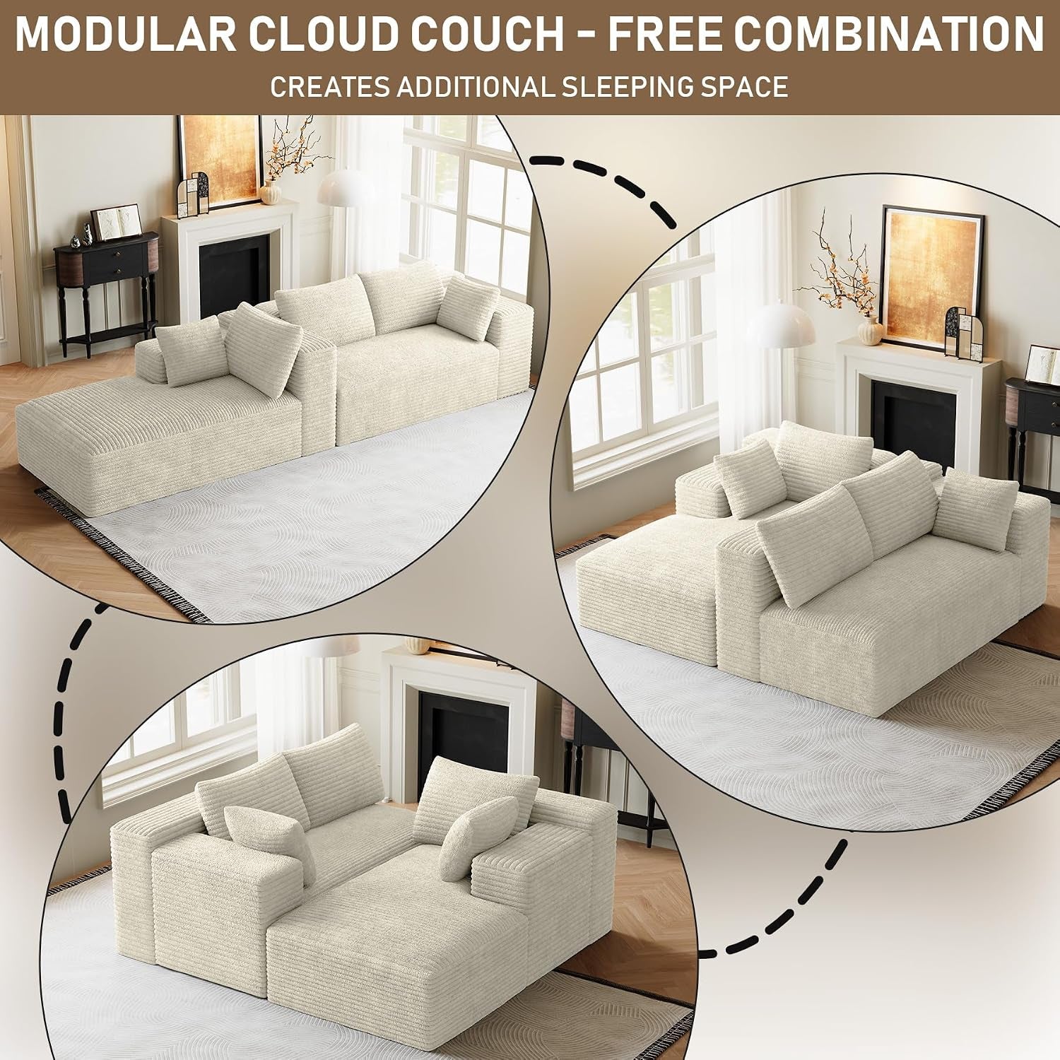 Three circular insets showing different modular arrangements of the cream cloud-style sectional in the same room