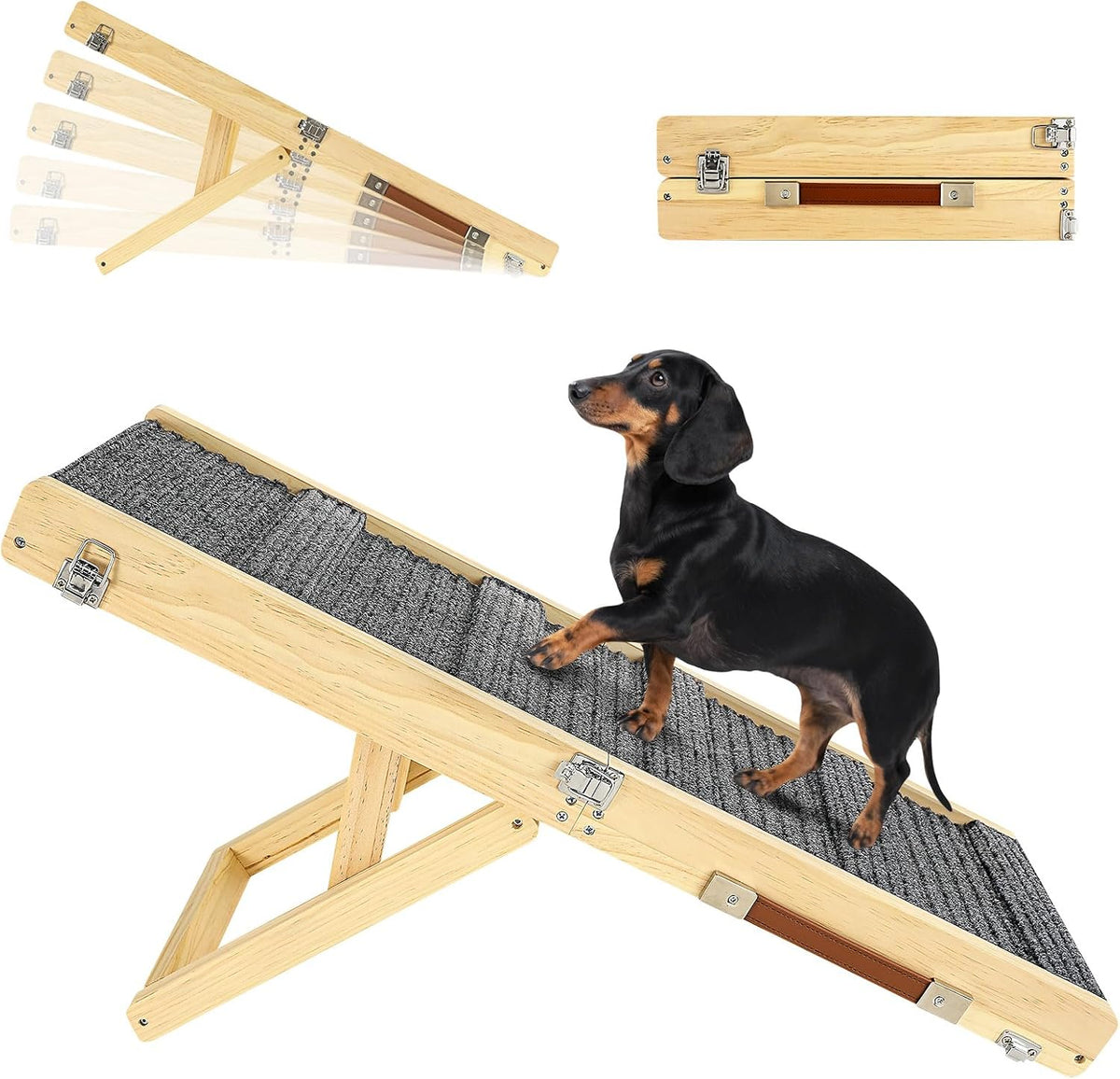 Collage showing the ramp's adjustable support positions, top carry handle and a dachshund walking up the grey-carpeted ramp