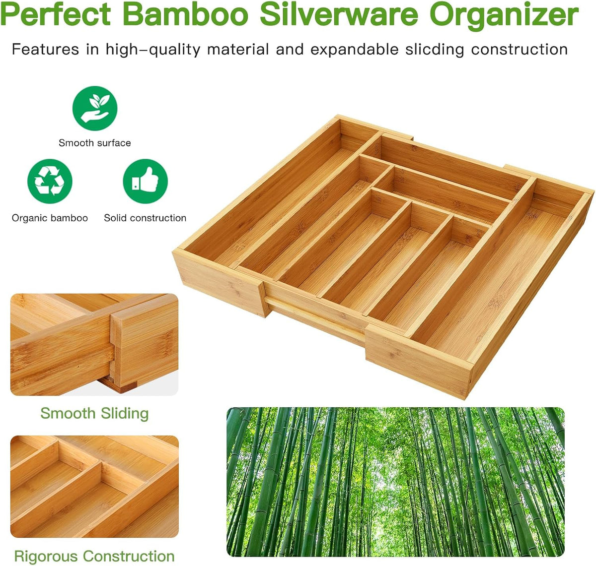 Top-down view of a bamboo expandable cutlery tray and bamboo forest photo in a promotional layout