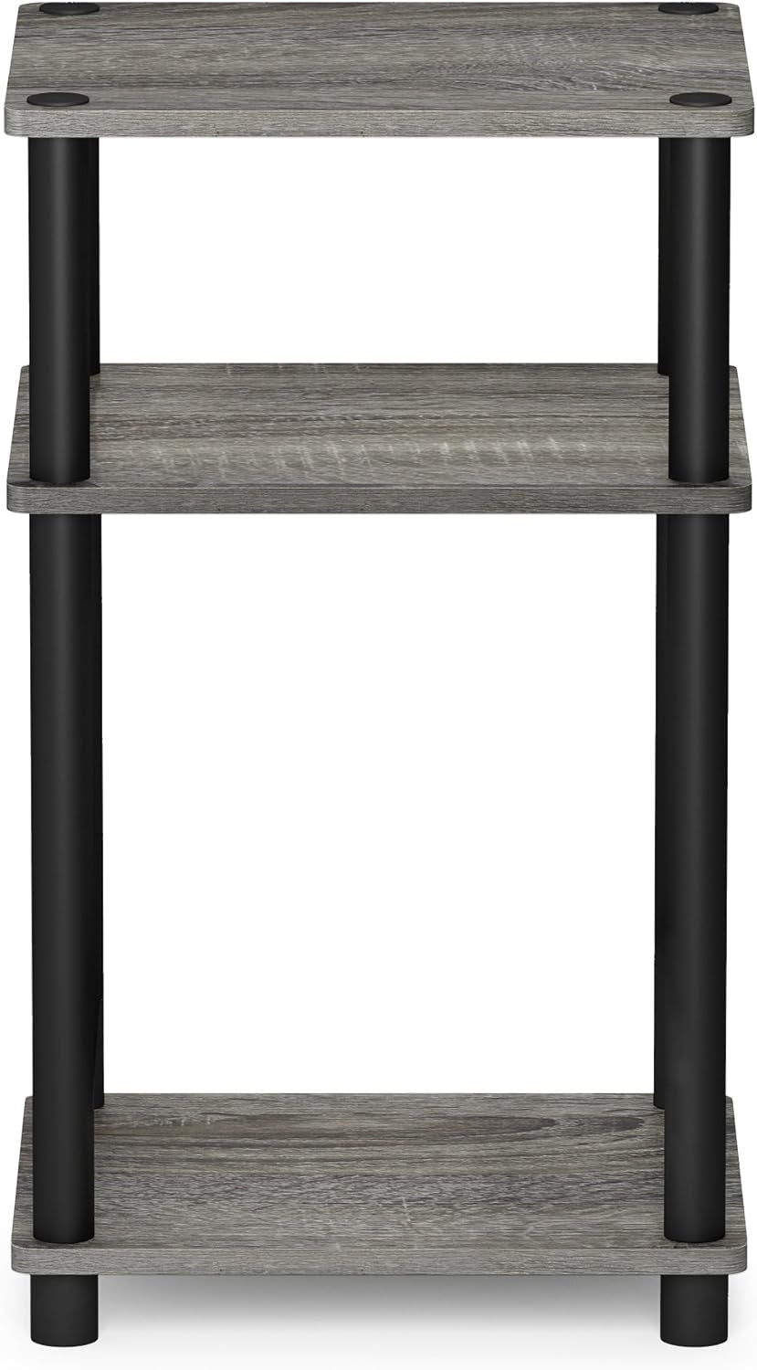 Front-facing shot of the compact open-shelf end table with evenly spaced tiers and round black feet