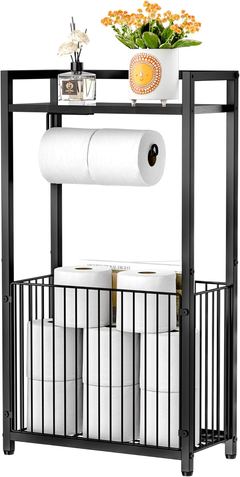 Black freestanding toilet-paper holder with top shelf holding a diffuser and potted plant, horizontal spindle with two rolls