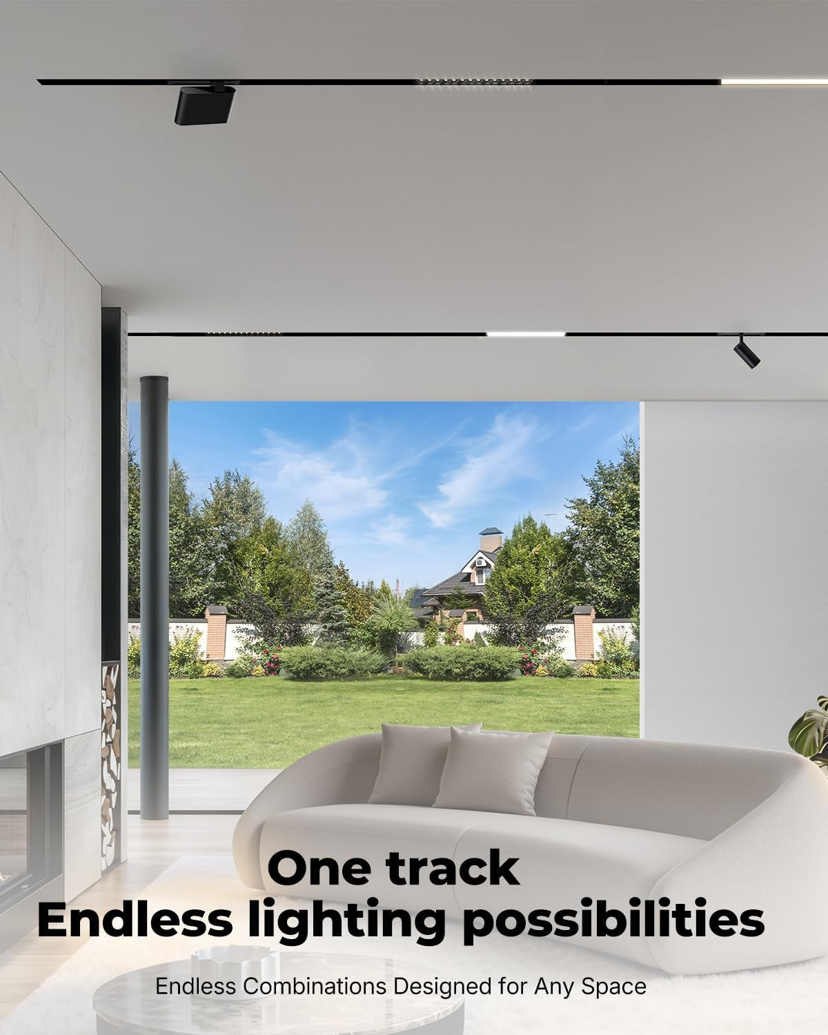 Wide living room ceiling view showing linear black recessed magnetic tracks with spotlights across the room