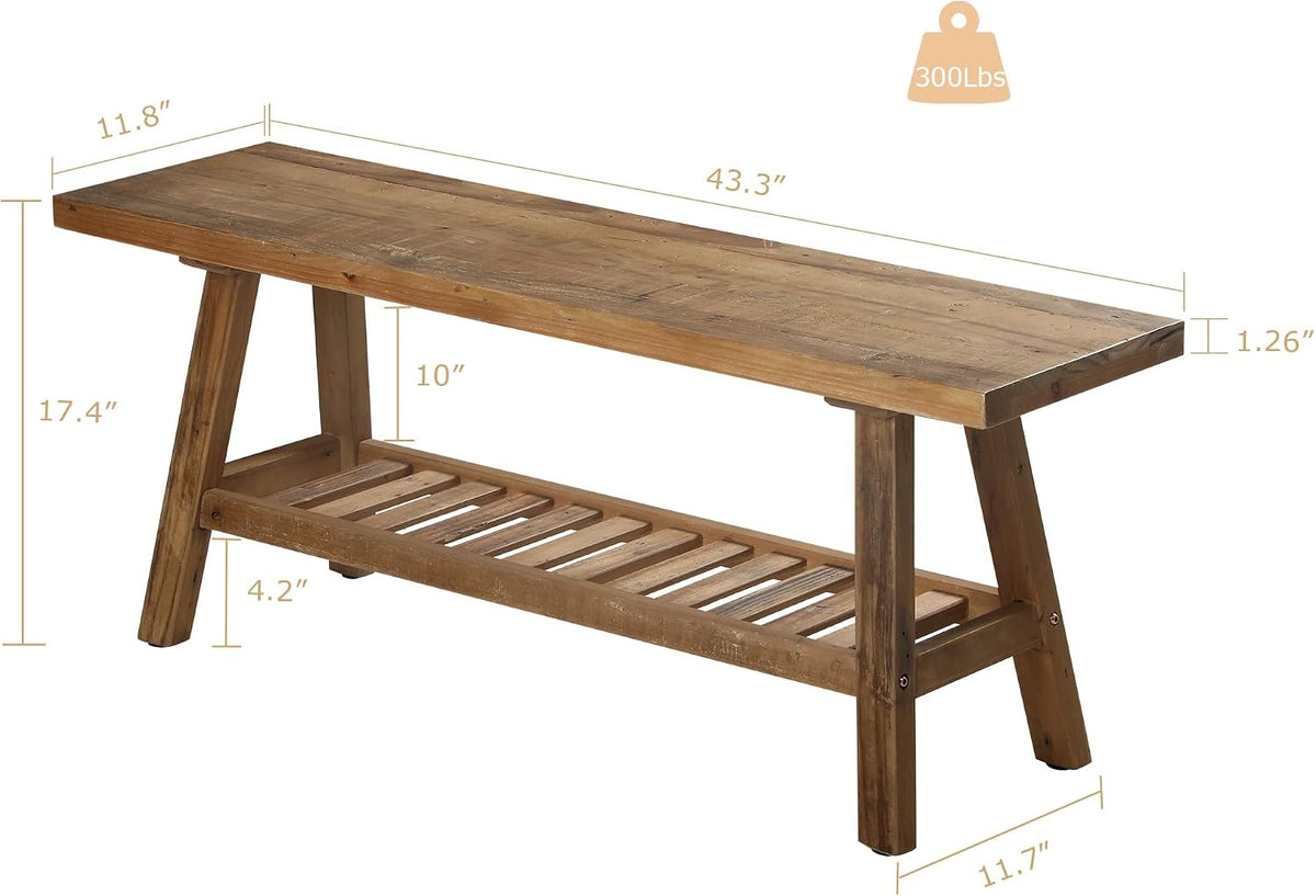 Bench diagram showing 43.3" length, 1.26" tabletop thickness and 300 lb capacity callouts