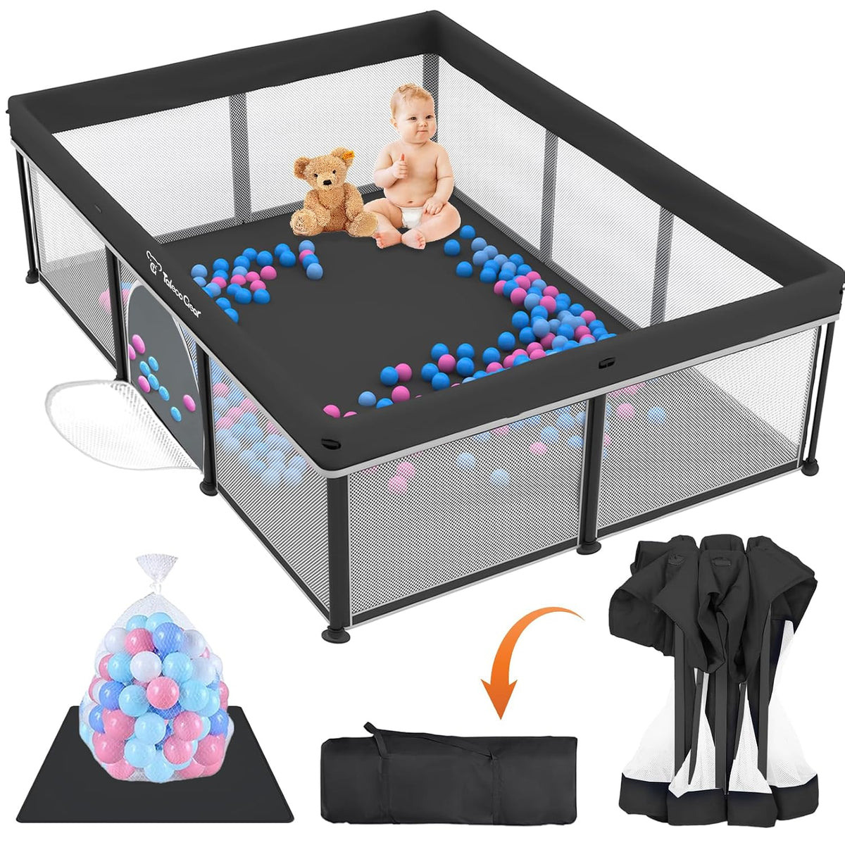 Black square playpen with mesh sides and black mat, a baby and teddy inside surrounded by blue and pink play balls.