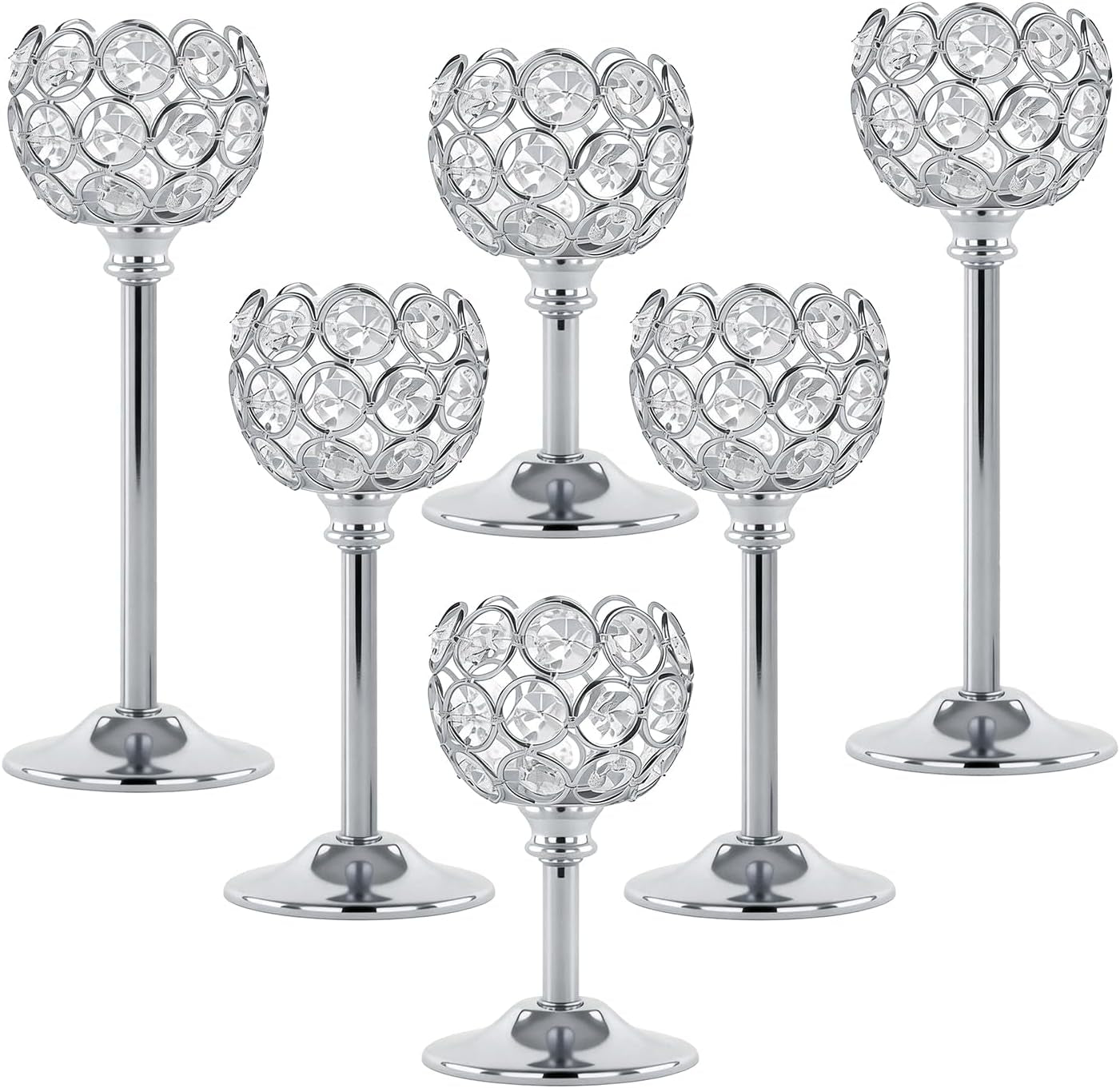 Five silver crystal tealight holders arranged on a white background showing varied heights and reflective bases.