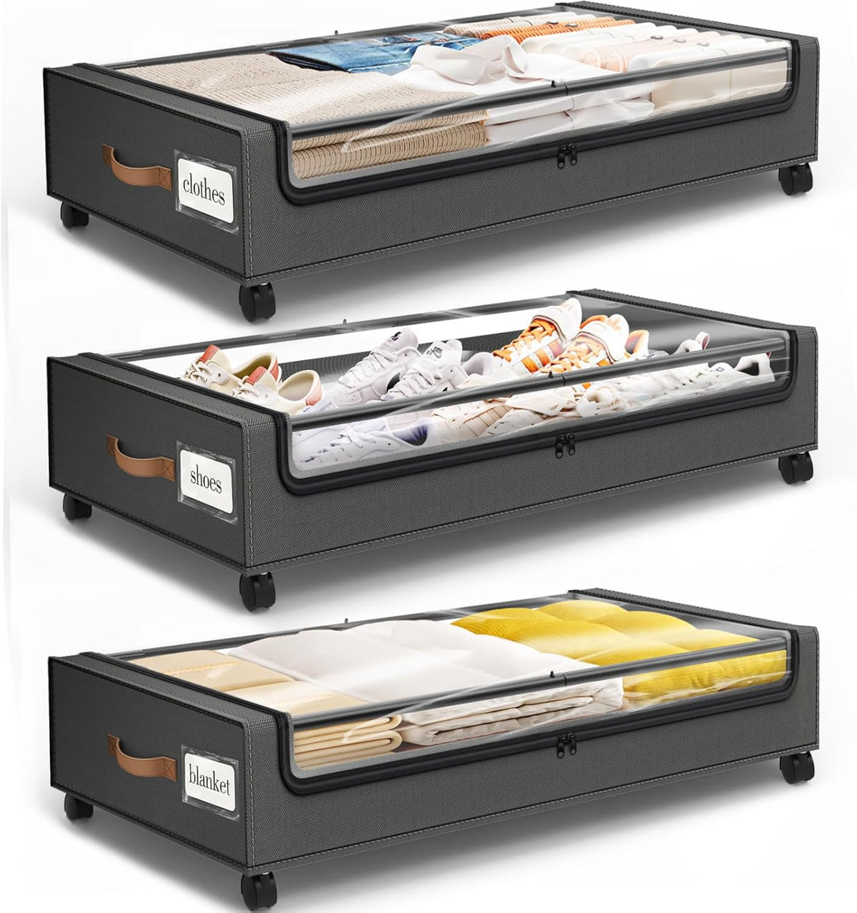 Three dark-gray underbed storage boxes shown stacked vertically, each with clear tops revealing different packed contents.