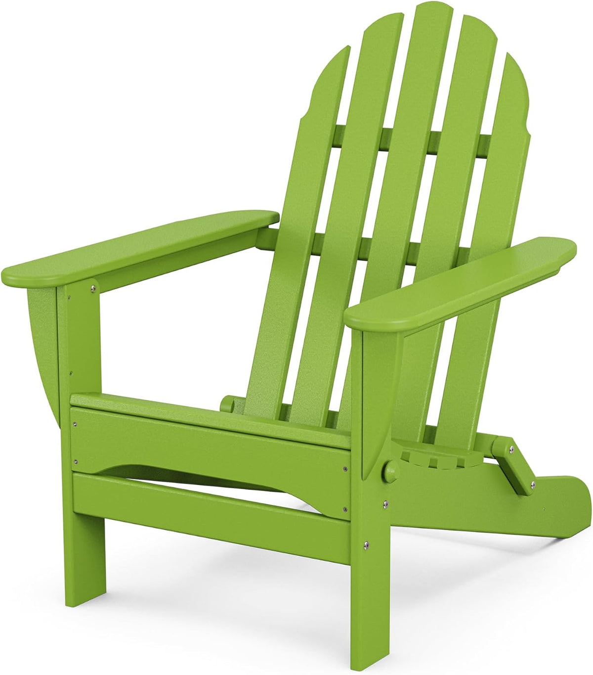 Lime green Adirondack chair at a slight angle showing seat, armrests and reclining adjustment