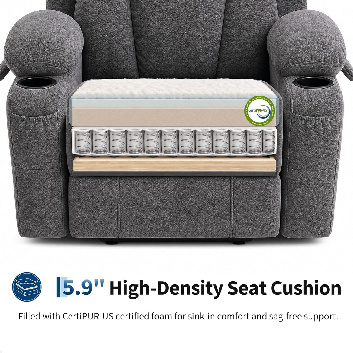 Front-facing cross-section of the recliner seat showing foam layers, pocketed coils and wood between two grey arms.