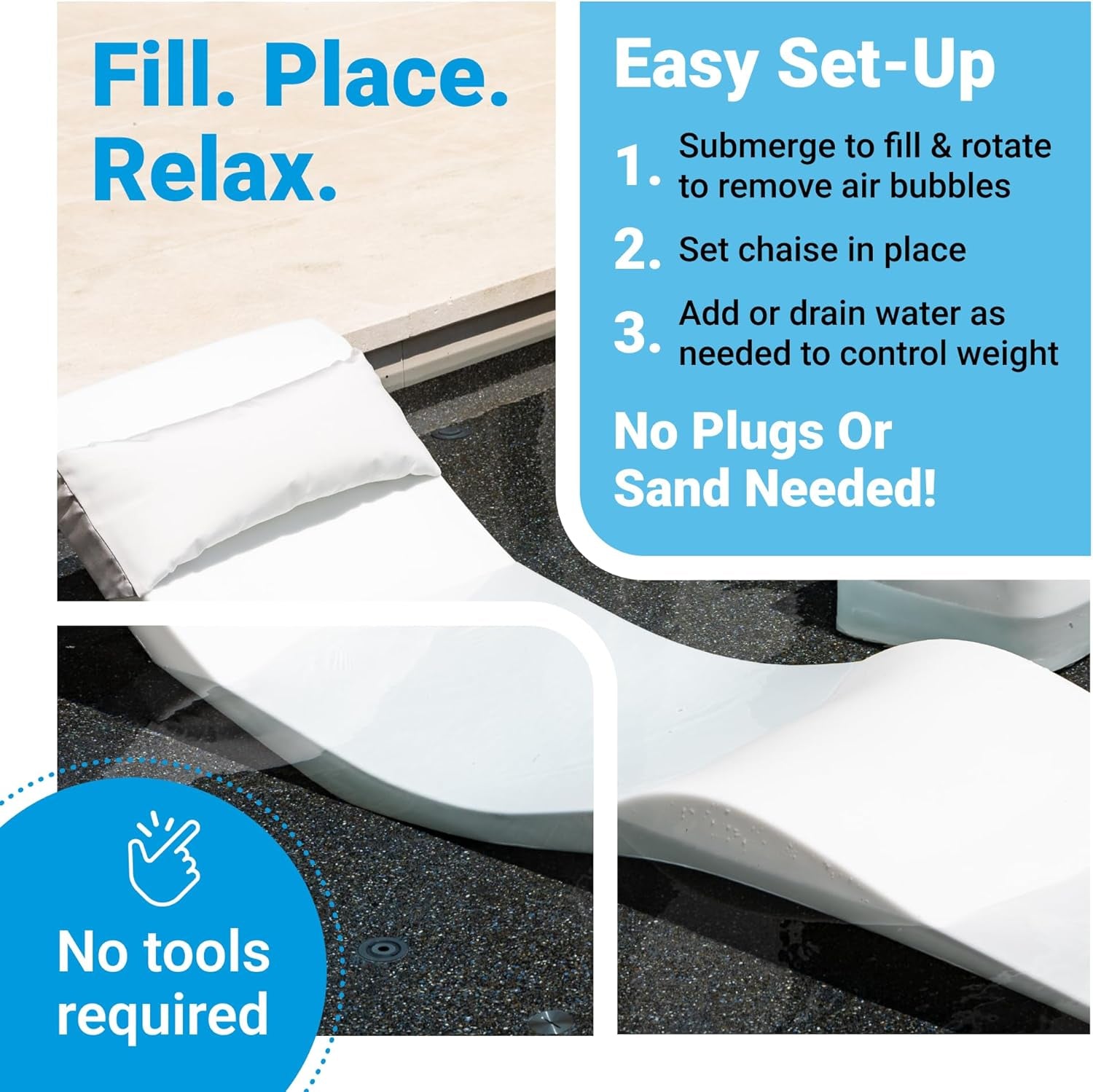 Close-up of white lounger surface and head area showing smooth contour and visible fill/drain details on the base