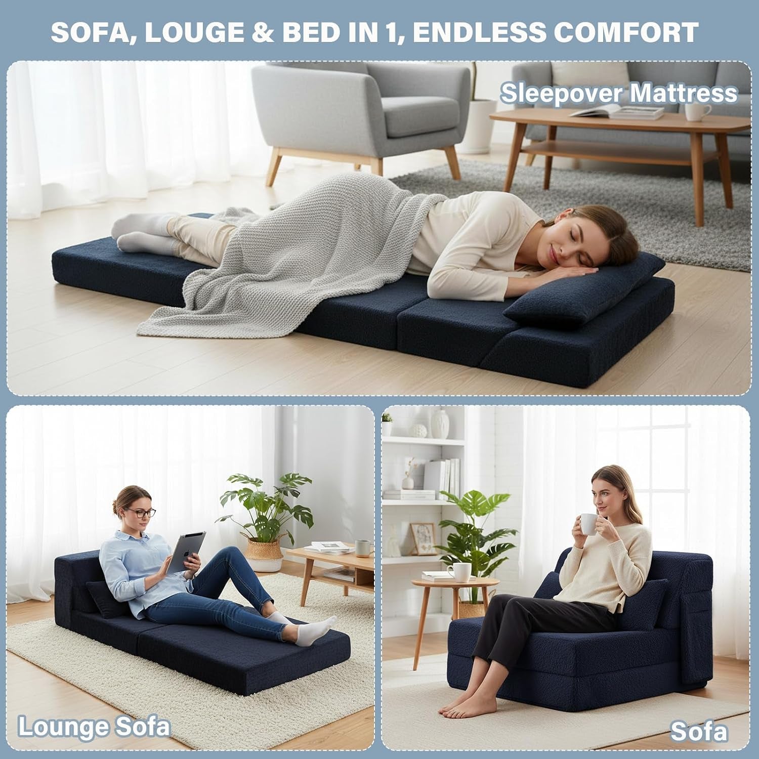 Four-panel layout showing the mattress used as a sleepover bed, lounge sofa, and upright sofa with people using each mode.