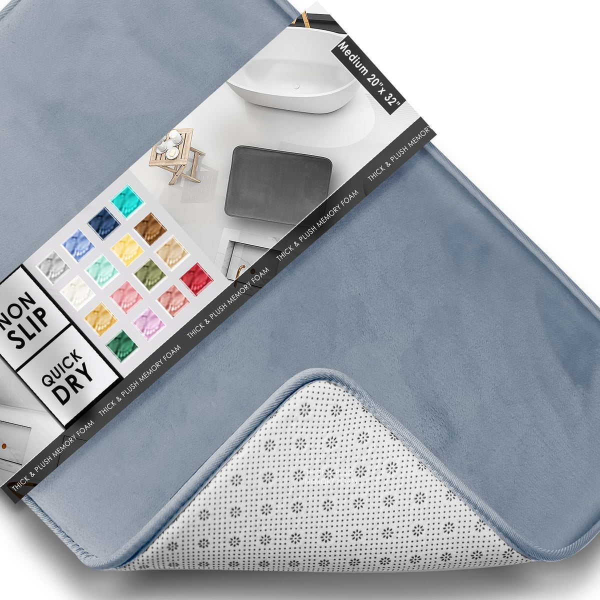 Close-up of light blue rug corner flipped to show dotted white non-slip underside and a packaging color swatch panel.