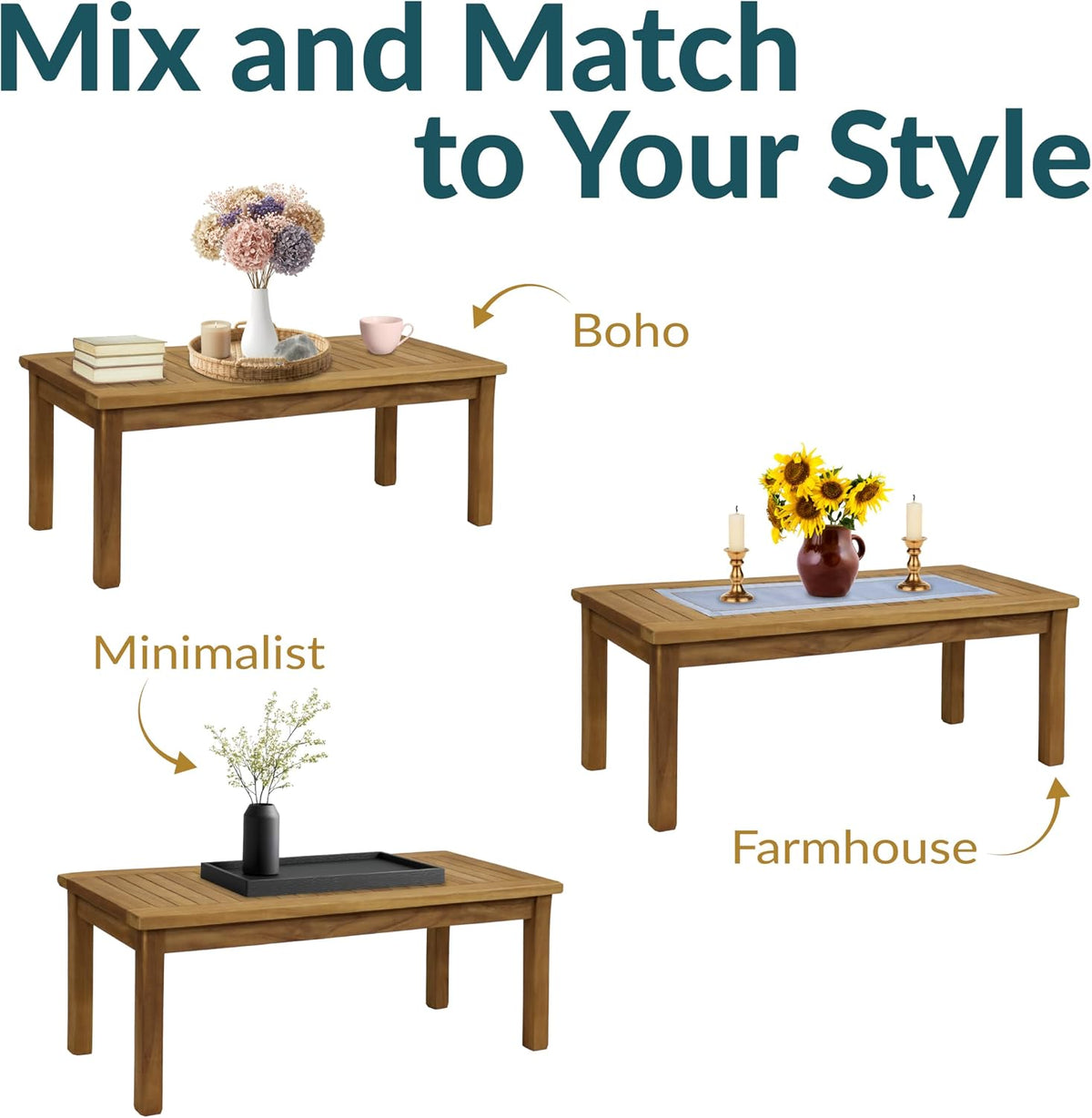 Collage showing the light brown teak coffee table styled three ways: boho, minimalist, and farmhouse setups