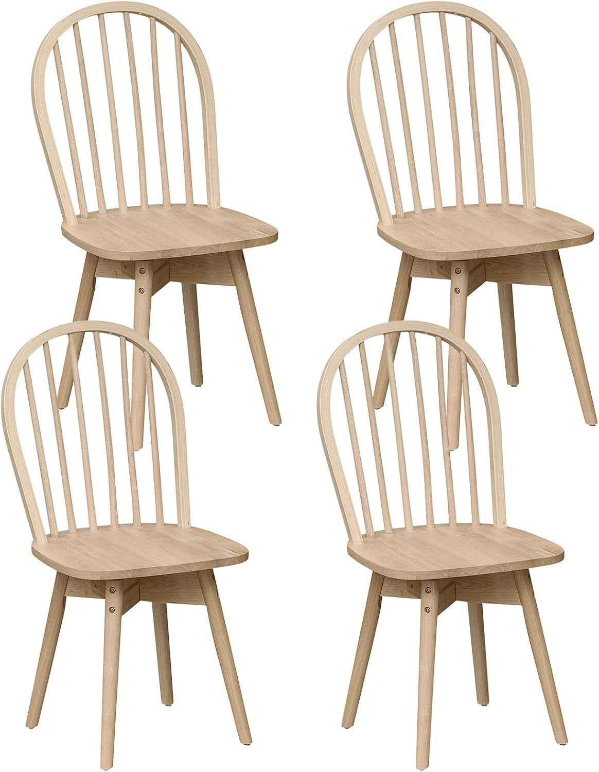 Four natural wood spindle‑back chairs displayed on a white background in a two‑by‑two arrangement
