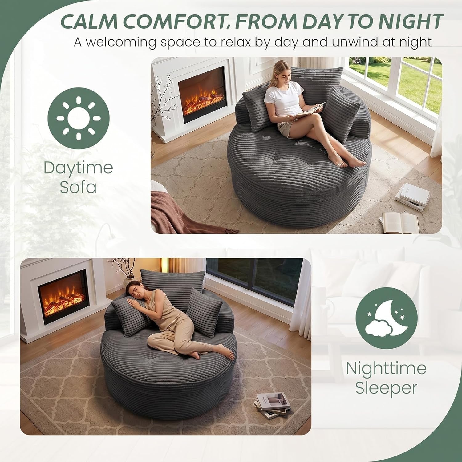 Two lifestyle views: a woman reading on the chaise by a sunny window and another relaxing on it at night by the fireplace.