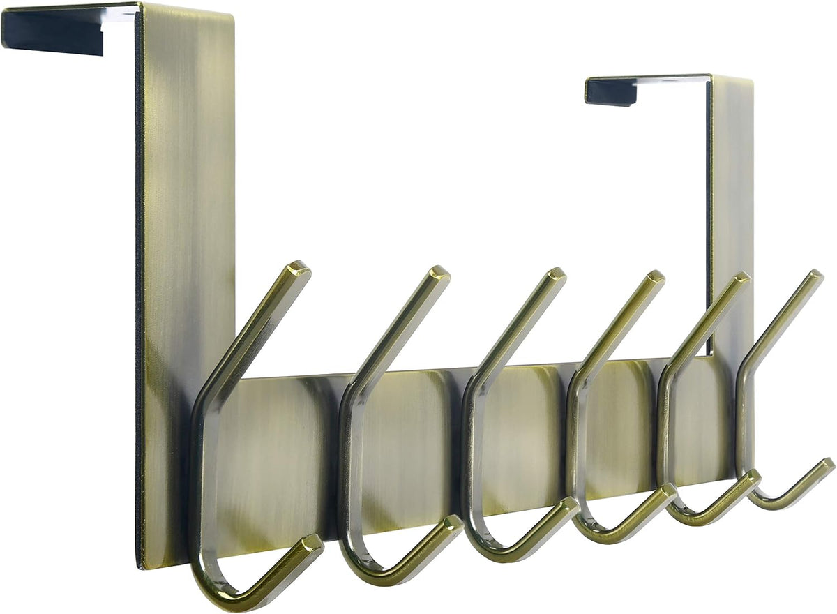 Side view of the over-the-door hanger showing six angled hooks and the top door bracket
