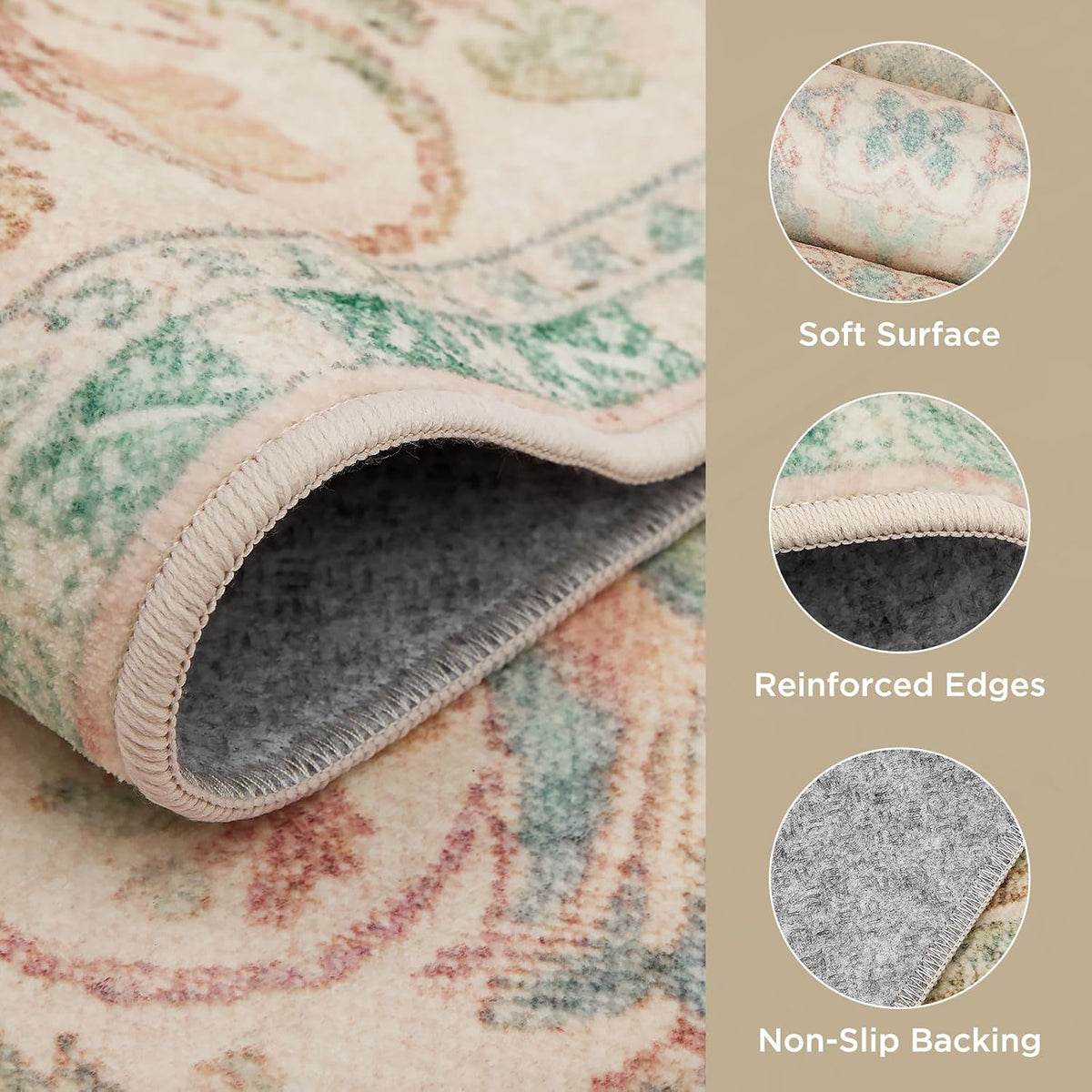 Close-up of rug edge showing low-pile surface, reinforced stitched edging and grey non-slip backing