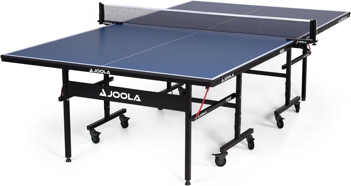 Blue regulation table tennis table set up with clamp net, black steel frame and visible caster wheels, angled front view