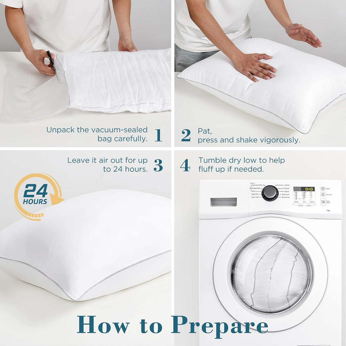 Four-panel graphic showing unpacking, fluffing, airing, and tumble-drying instructions with a pillow and washer.
