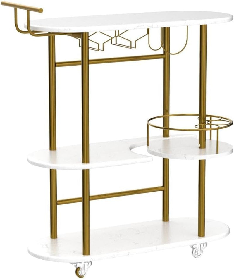 Isolated side view of the gold frame bar cart with white marble shelves and casters on a white background.