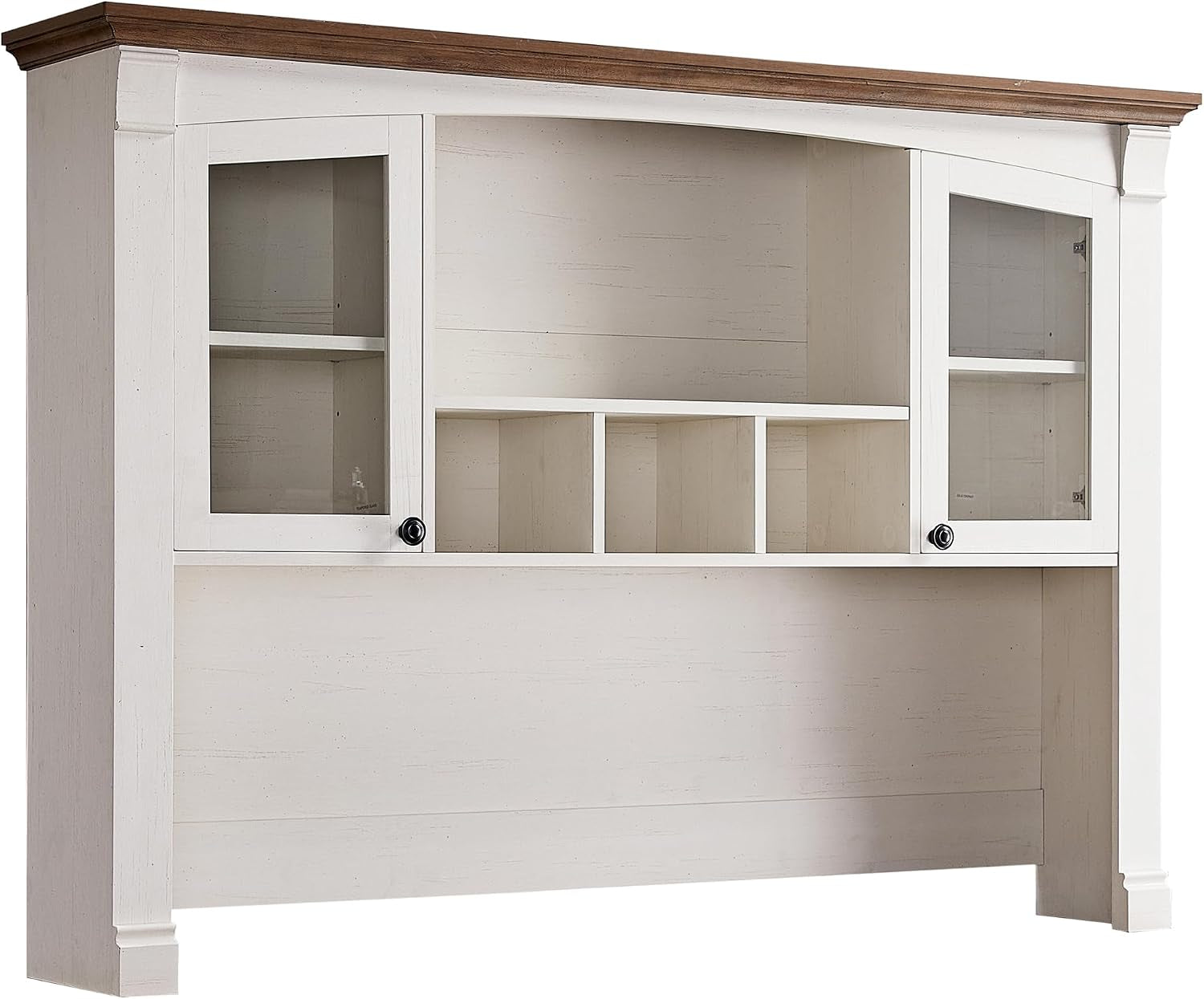 Standalone white hutch with glass-front side cabinets and four cubby openings below the top shelf.