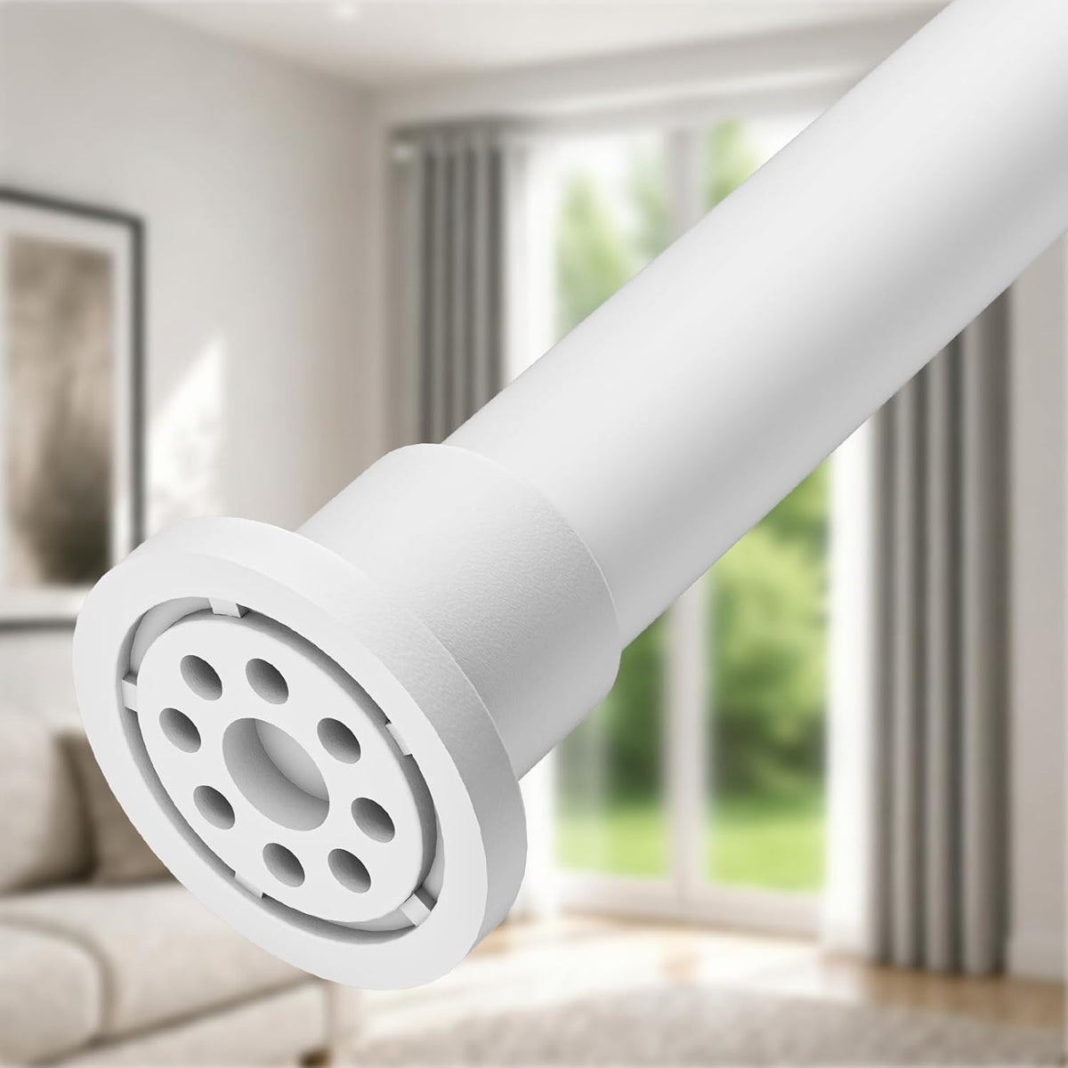 Close-up front-angle of a white tension rod endcap showing circular perforated pad and textured tube
