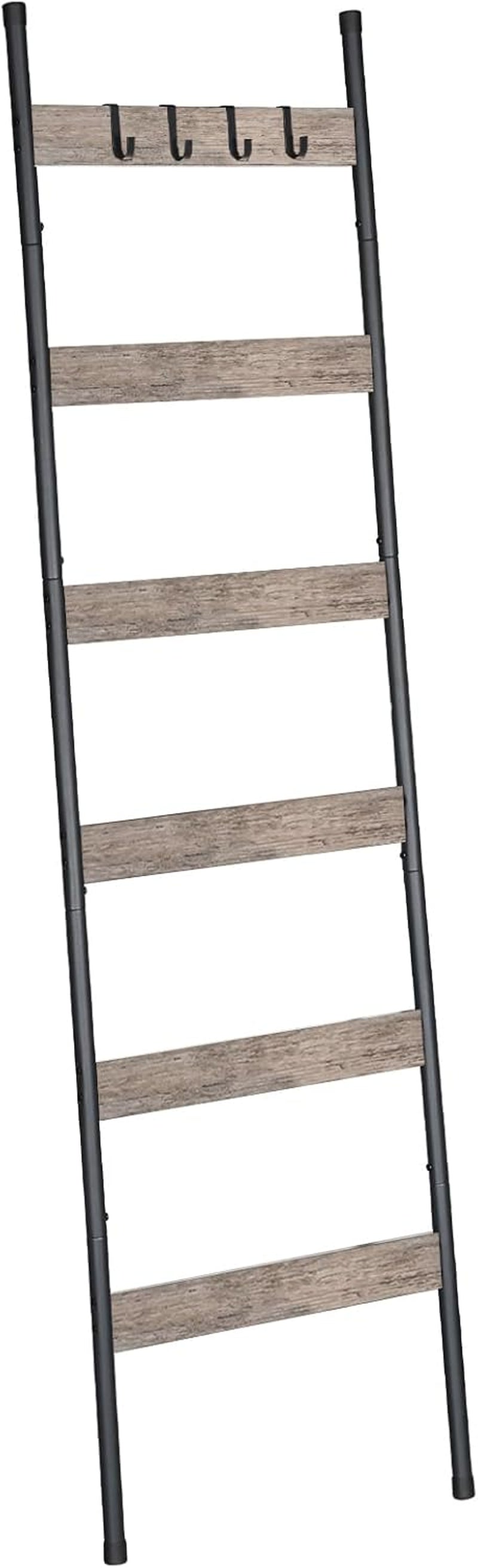Front view of the ladder rack with weathered greige slats and dark metal side rails, hooks at the top.