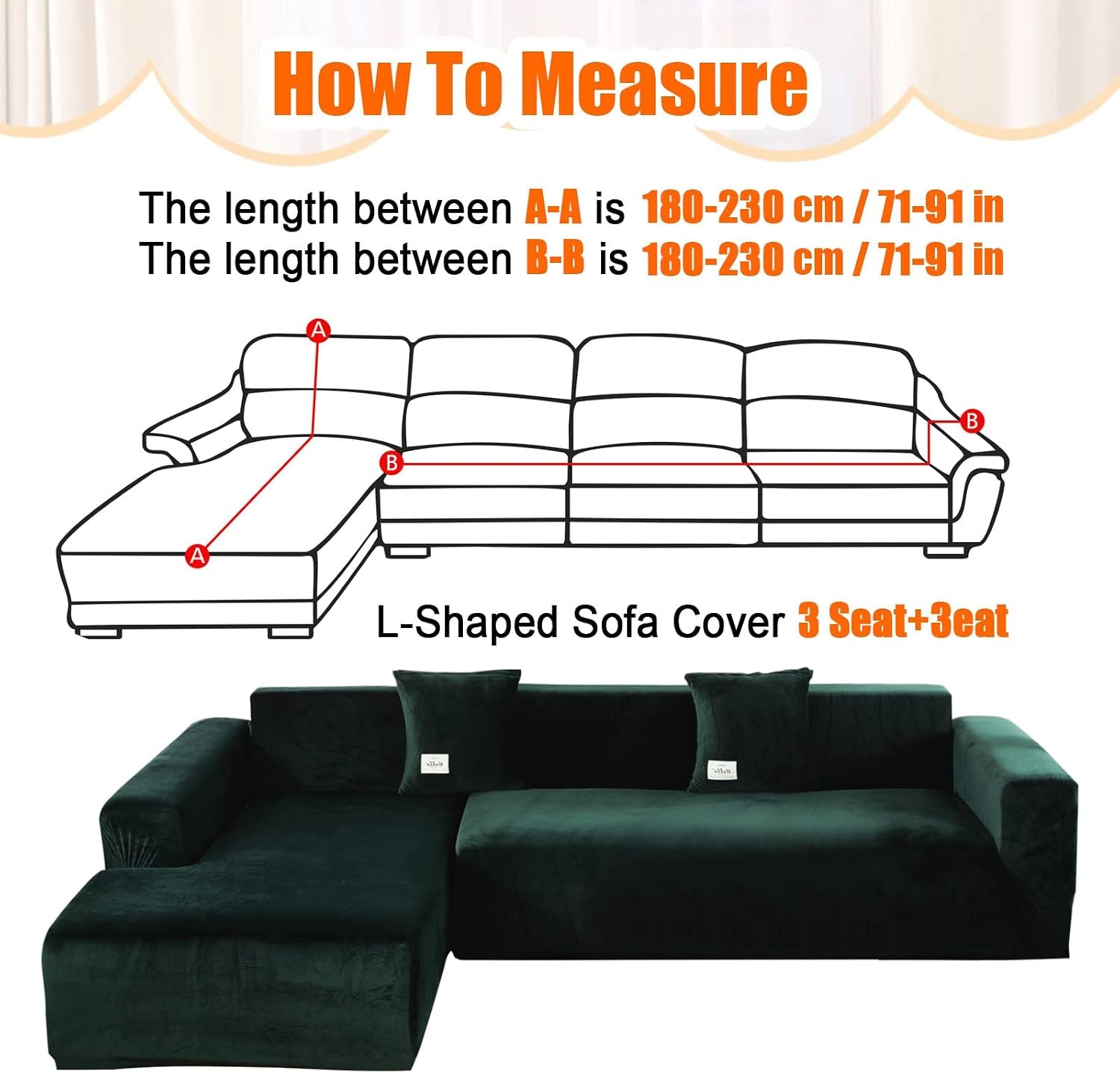 Measurement diagram showing how to measure an L-shaped 3-seat+3-seat sectional with A-A and B-B lengths labeled 71–91 in
