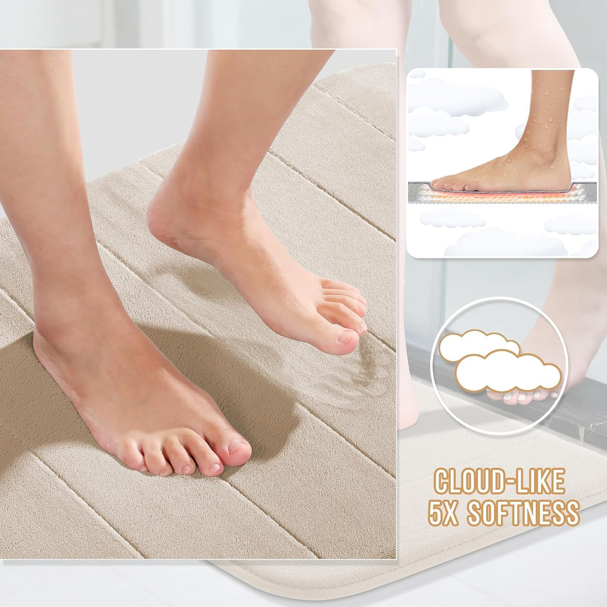 Close-up of bare feet pressing onto a beige plush bath rug showing the padded textured surface