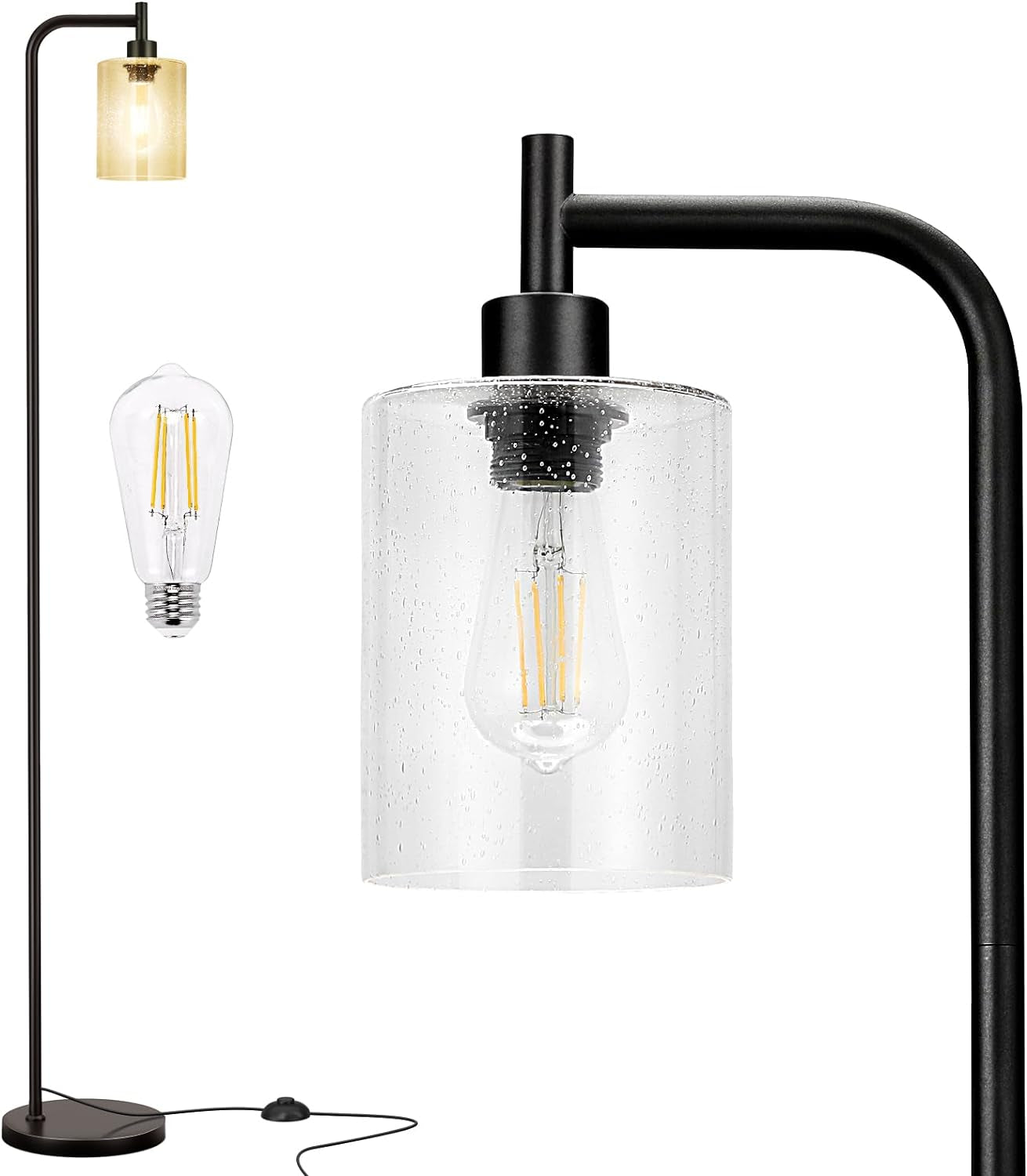 Black-finish floor lamp with seeded clear glass shade and visible filament-style LED bulb.