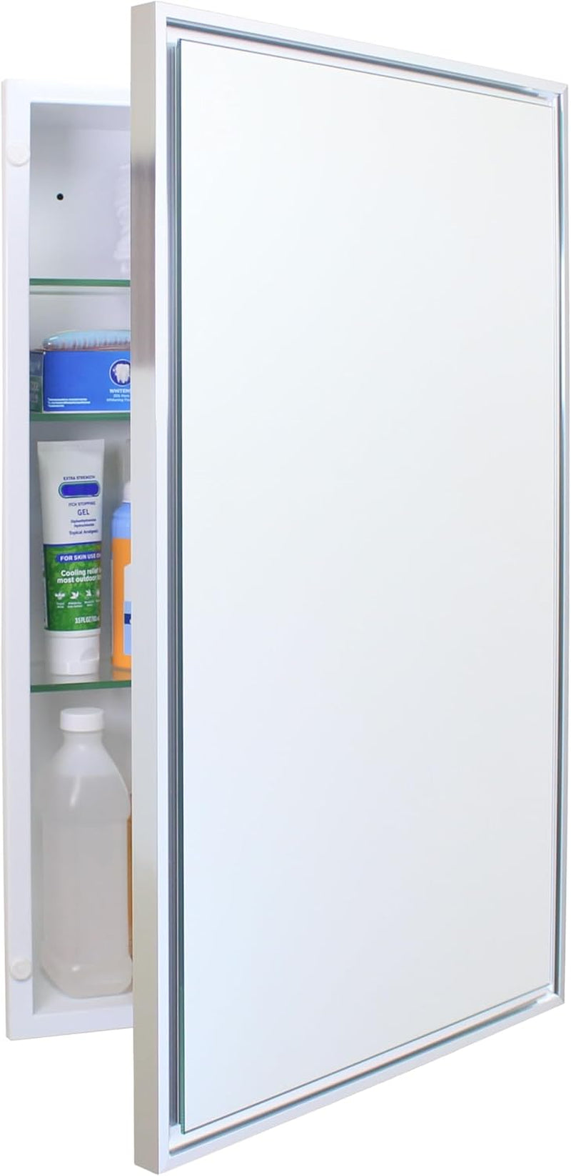 White recessed cabinet seen from the side with mirrored door partly open, revealing three glass shelves with bottles.