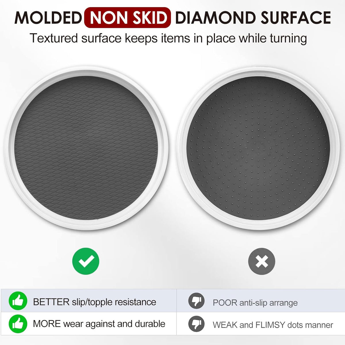 Two round turntables side-by-side comparing molded diamond-textured non-slip surface versus dotted surface