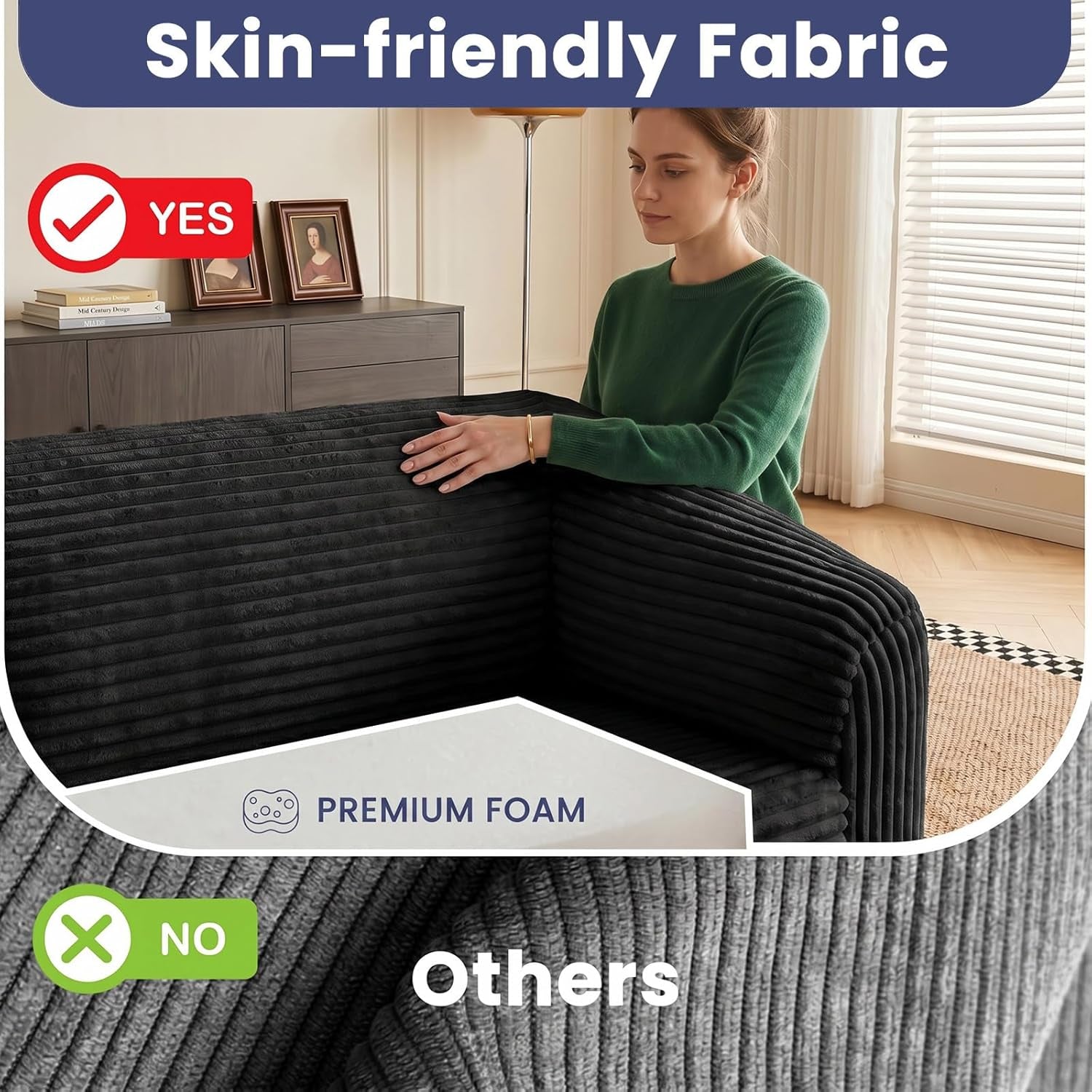 Close-up of hand touching black ribbed corduroy fabric and showcasing premium foam comfort
