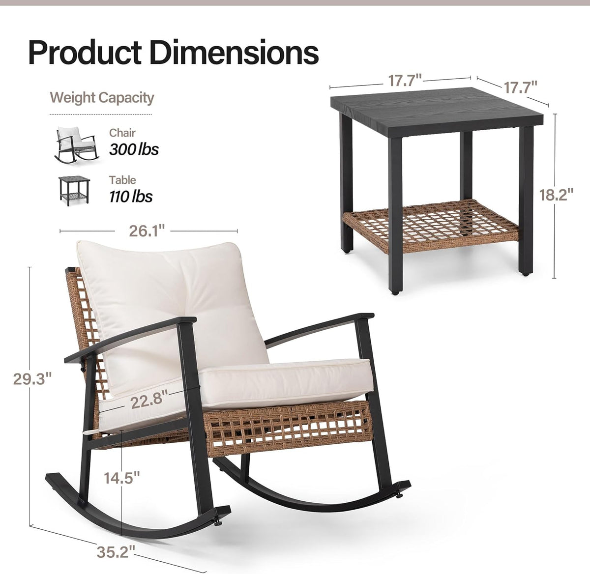 Two-tier square coffee table close-up showing wood-grain tabletop, lower rattan shelf and adjustable foot pad