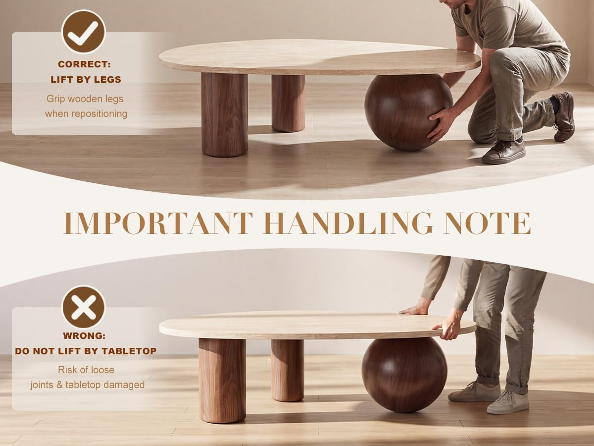 Person positioning the oval table by gripping walnut-finish legs, handling demonstration