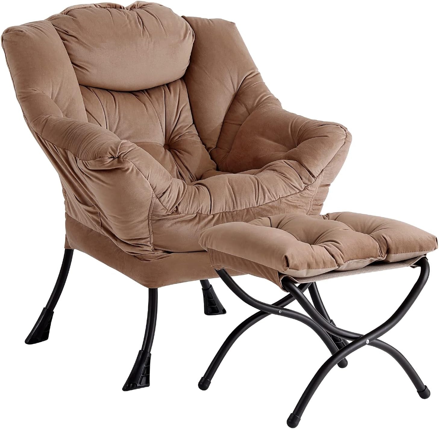 Warm brown tufted lounge chair with coordinating padded ottoman and black arched legs