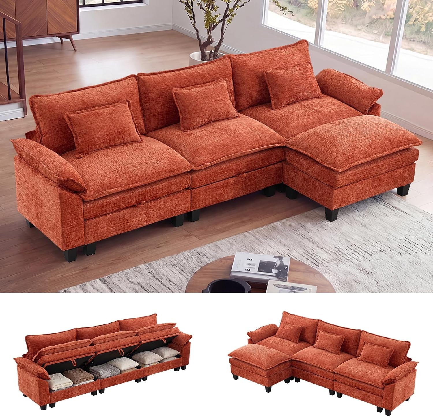 Rust-orange modular sectional with chaise, three back cushions and two small pillows in a bright living room