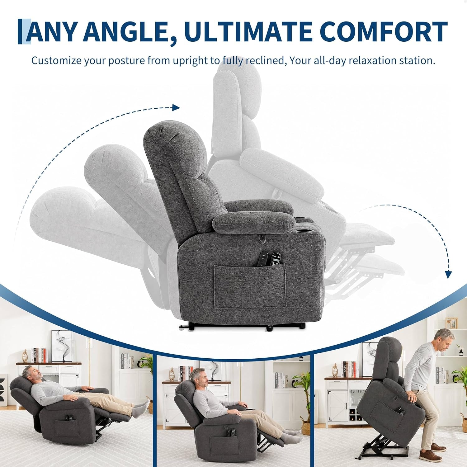 Side profile showing the recliner in multiple positions with inset scenes of reclining, watching and standing uses