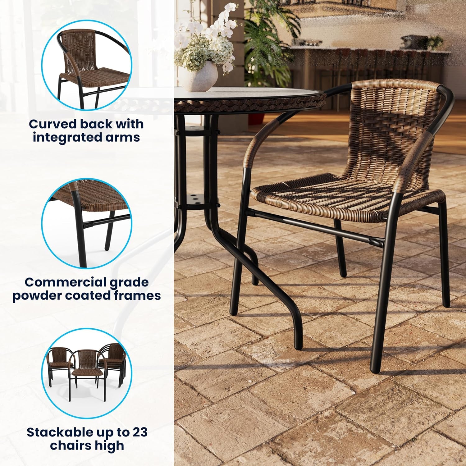 Brown rattan dining chair next to a round patio table on pavers with inset circles showing curved back, frame and stackable‑f