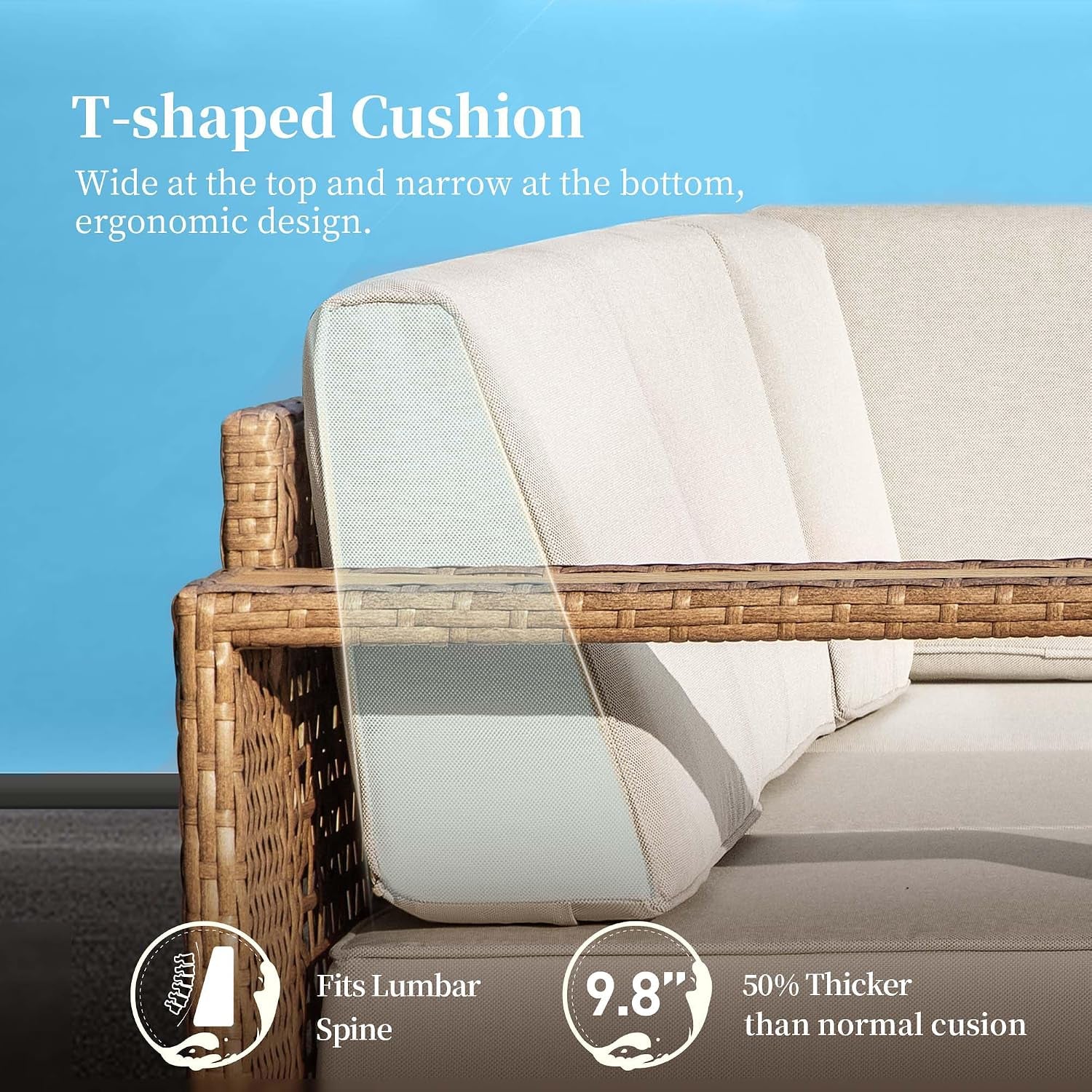 Side view of T-shaped beige back cushions on a wicker arm, showing cushion profile and seam.