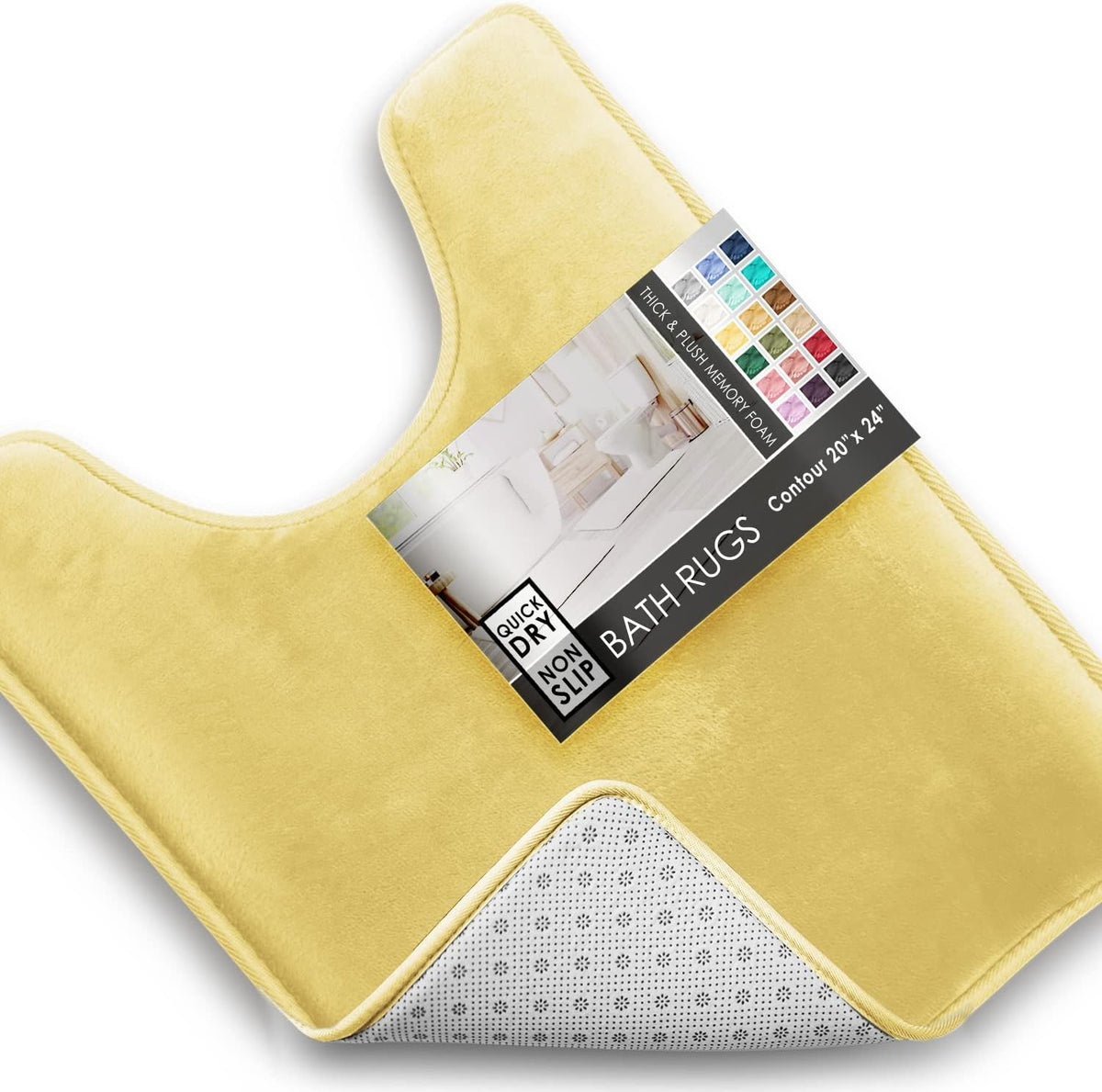 Yellow contoured bath mat flipped to show dotted non-slip backing and product label.