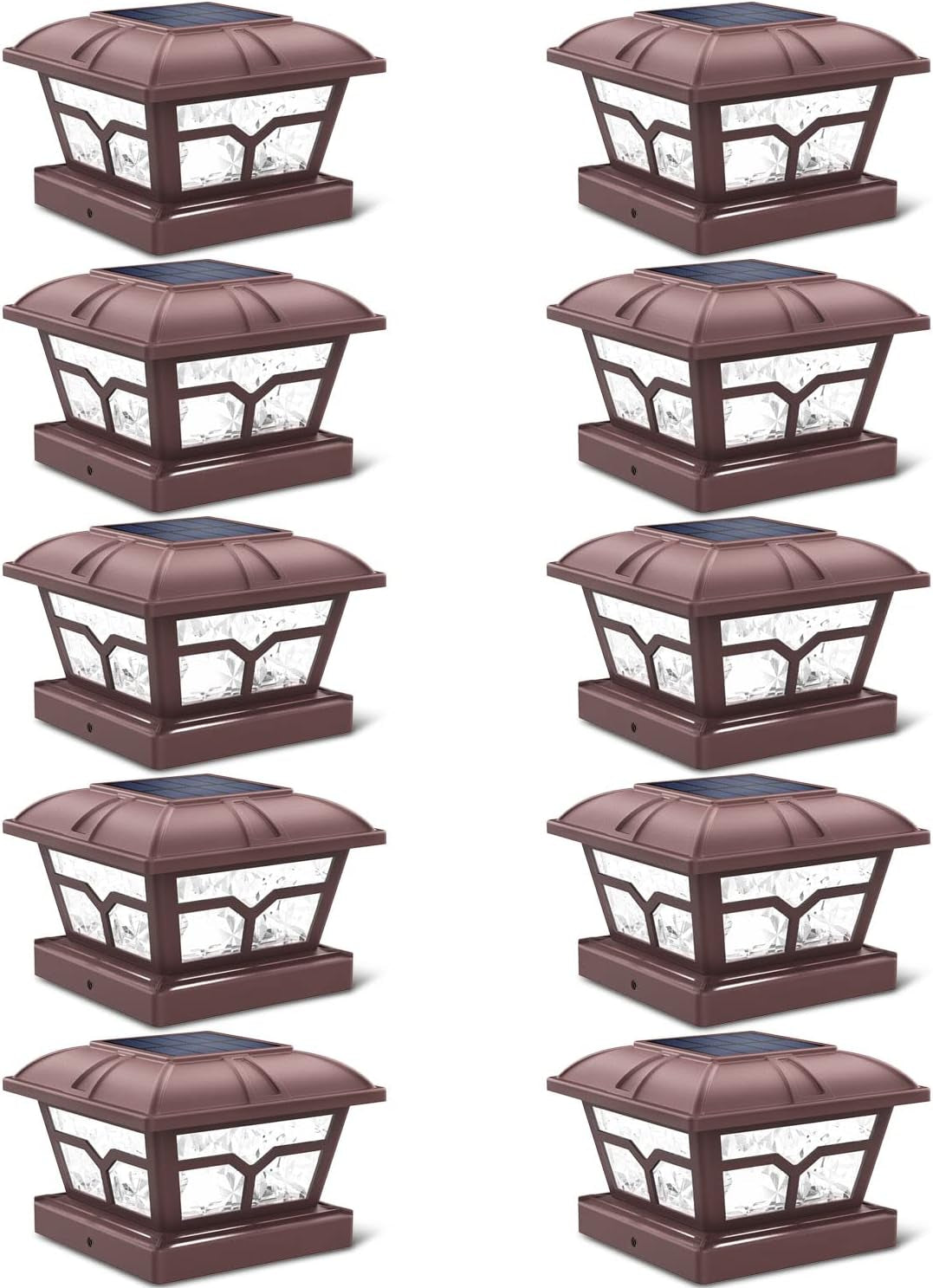 Rows of bronze post cap lights, shown with solar panels and clear faceted sides.
